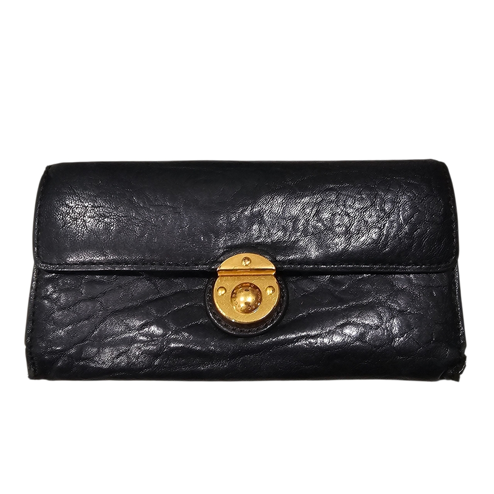 Marc by Marc Jacobs Black Leather Wallet – Gold Push-Lock Clasp Designer Wallet